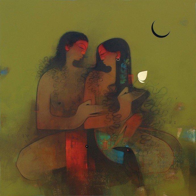 Figurative oil painting titled 'Shiv Parvati', 36x36 inches, by artist Amol Pawar on Canvas