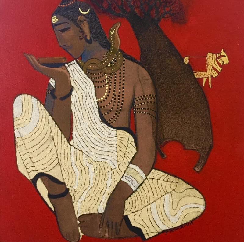 Figurative acrylic painting titled 'Shiva 1', 15x15 inches, by artist Siddharth Shingade on Canvas