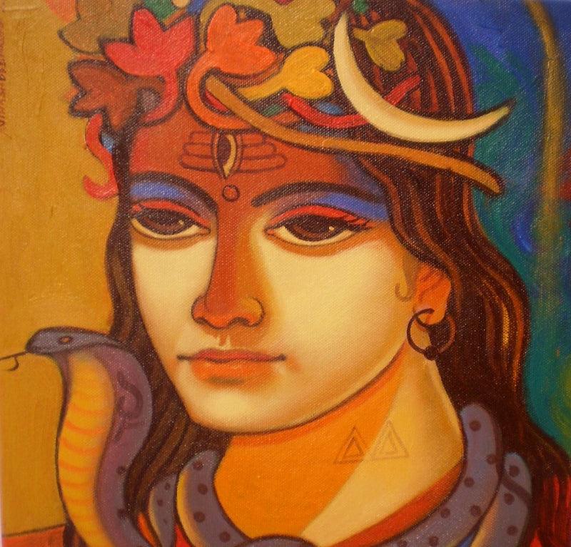 Religious acrylic painting titled 'Shiva 1', 12x12 inches, by artist Avinash Deshmukh on Canvas