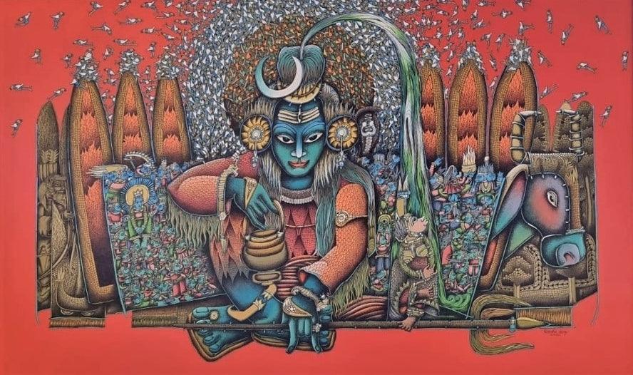 Religious acrylic painting titled 'Shiva', 36x48 inches, by artist Jitendra Dangi on Canvas