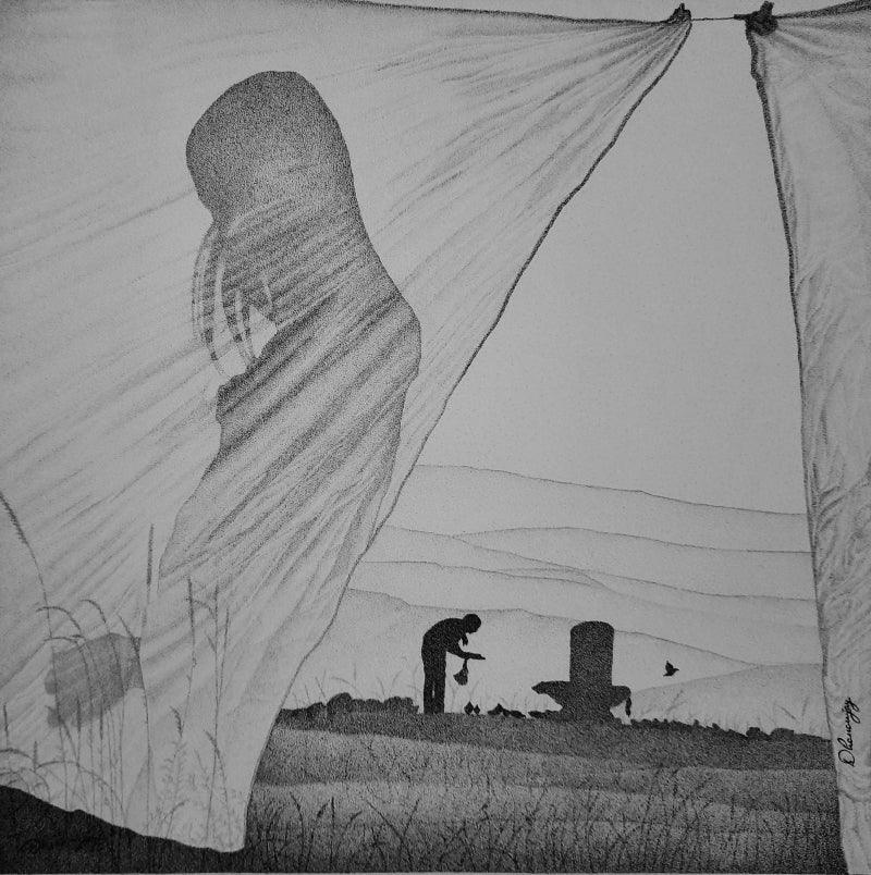 Religious pen ink drawing titled 'Shiva', 24x24 inches, by artist Dhananjay Thakur on Canvas