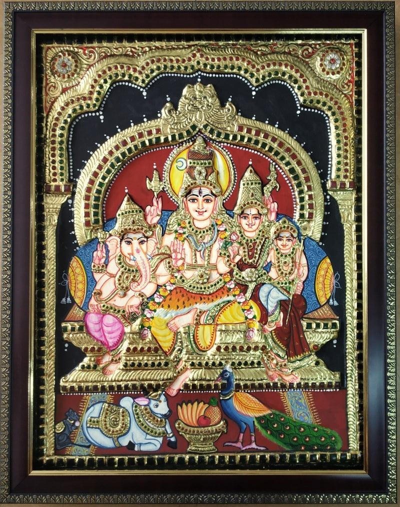 Religious tanjore traditional art titled 'Shiva Family Tanjore Painting', 18x14 inches, by artist VANI VIJAY on Plywood