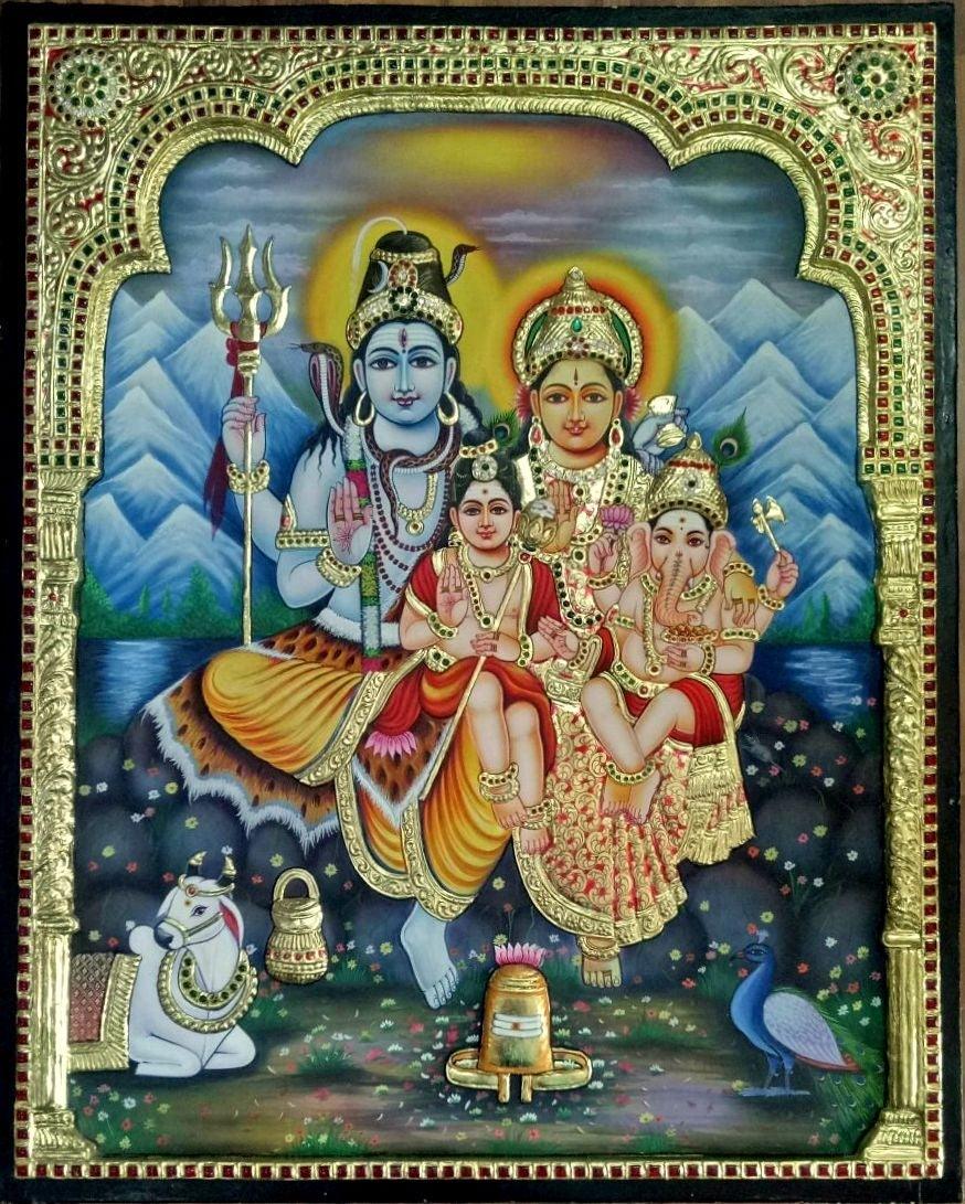 Religious tanjore traditional art titled 'Shiva Family Tanjore Painting', 30x24 inches, by artist VANI VIJAY on Plywood