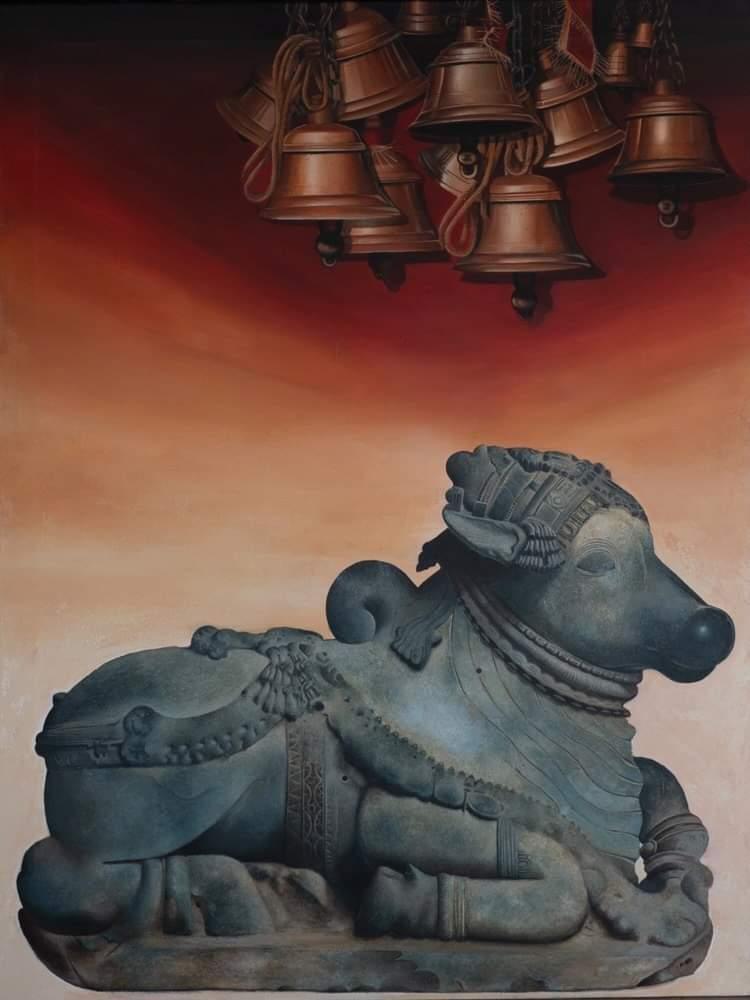 Religious acrylic painting titled 'Shiva Nandi ', 48x36 inches, by artist Roni Sarkar on Canvas