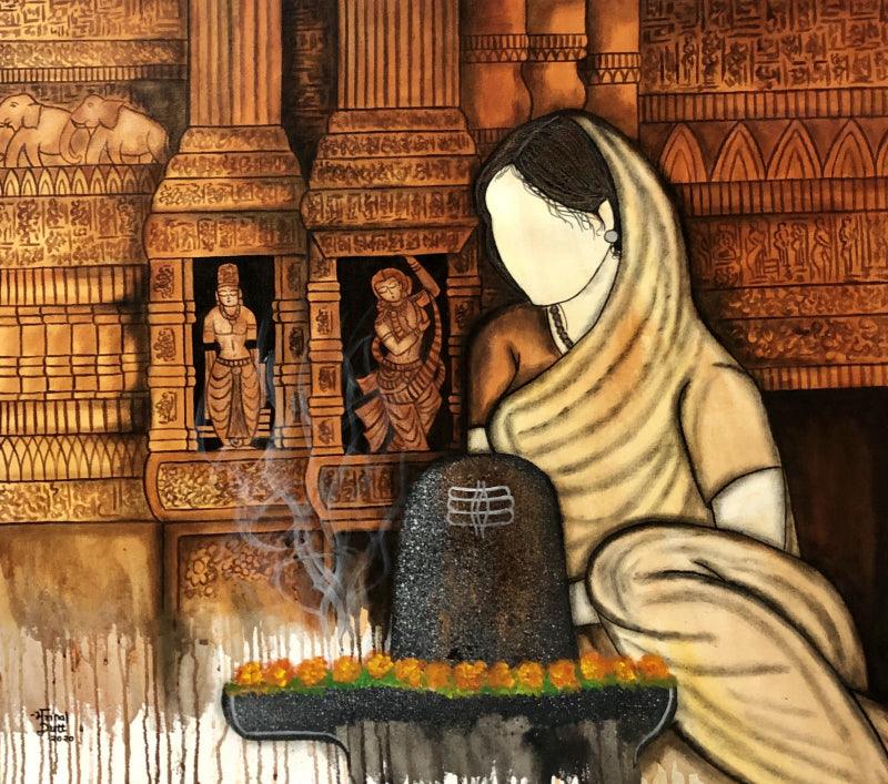 contemporary acrylic painting titled 'Shivam', 32x29 inches, by artist Mrinal Dutt on Canvas