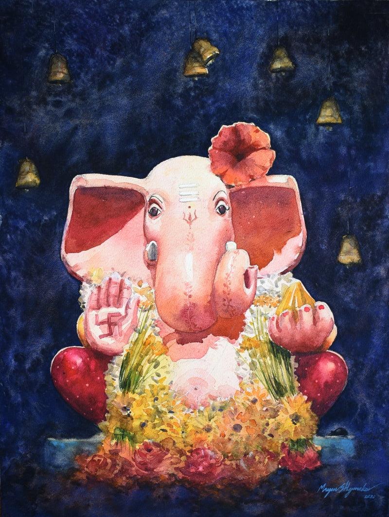 Religious watercolor painting titled 'Shree', 14x19 inches, by artist Mayur Heganekar on paper