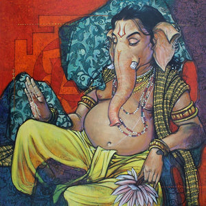 Religious acrylic charcoal painting titled 'Shree Ganesh', 24x24 inches, by artist Ramchandra Kharatmal on Canvas