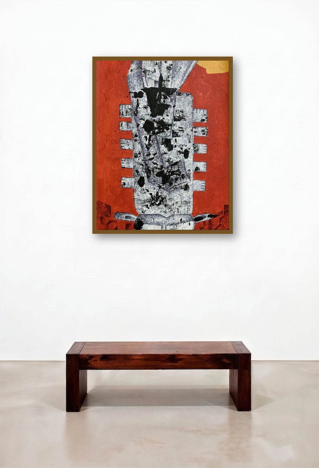 Shree Ganesh (Abstract Figure in Red) (Crimson Guardian Abstract) by artist Amit Pithadia displayed in a Traditional Foyer