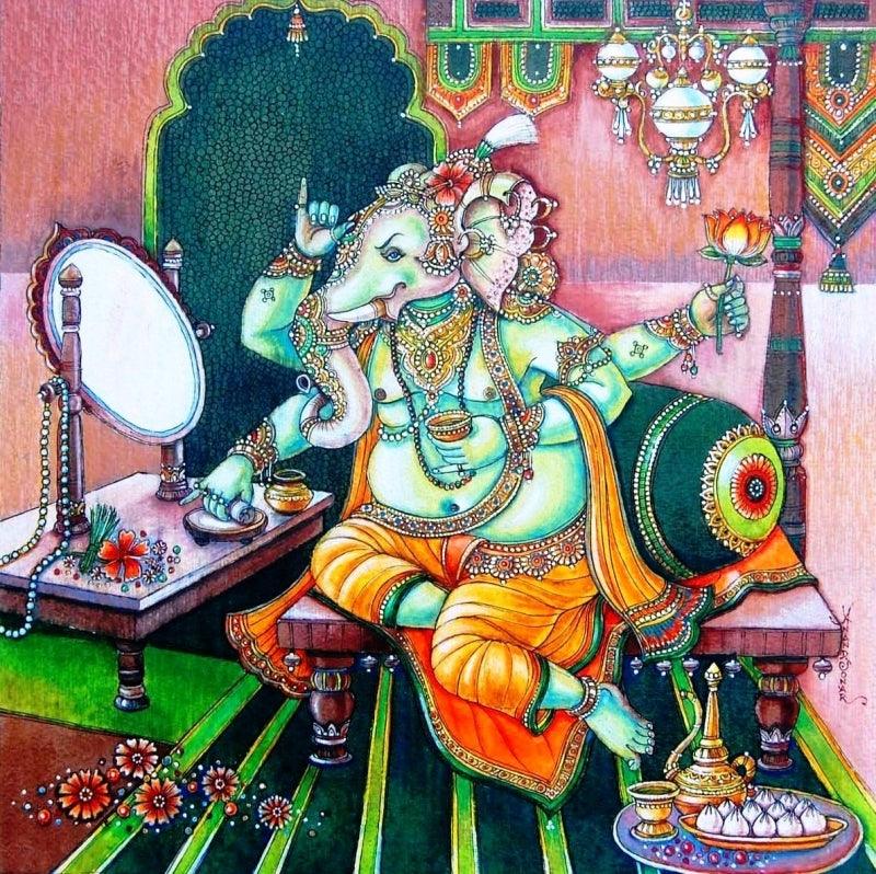 Religious mixed media painting titled 'Shree Ganesha', 22x22 inches, by artist Anand Sonar on Handmade Paper