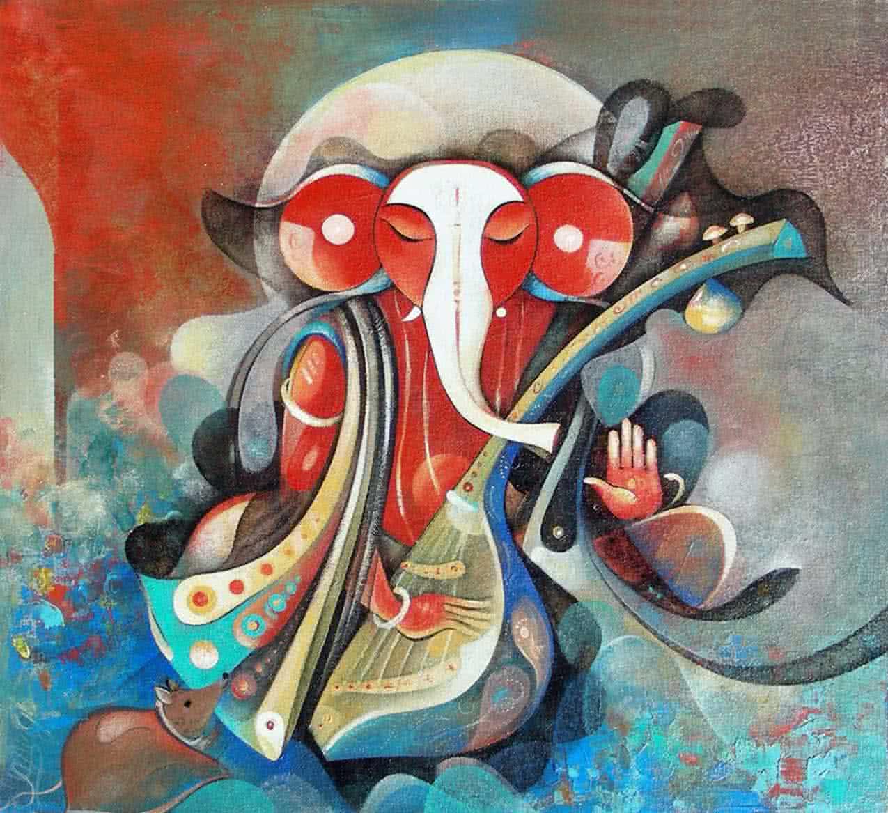 Figurative acrylic painting titled 'Shree Ganesha', 18x17 inches, by artist M Singh on Canvas