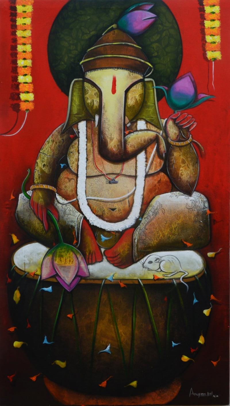 contemporary acrylic painting titled 'Shree ganesha', 54x30 inches, by artist Anupam Pal on canvas