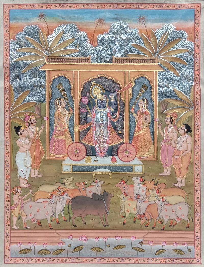 Religious pichwai traditional art titled 'Shreenathji', 48x36 inches, by artist Surkhi Arts on Cloth