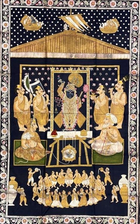 Religious pichwai traditional art titled 'Shrinathj 4', 66x40 inches, by artist Pichwai Art on Cloth