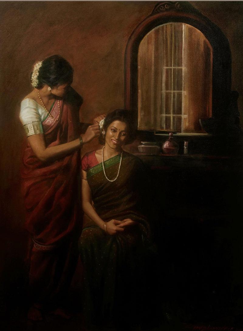 Figurative oil painting titled 'Shringar', 48x36 inches, by artist Ramesh Nanware on Canvas