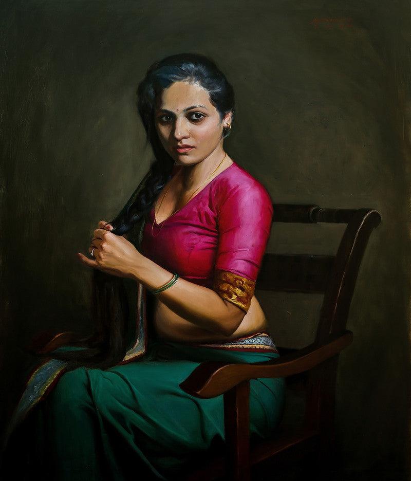 Figurative oil painting titled 'Shringar', 38x34 inches, by artist Mahesh Soundatte on Linen