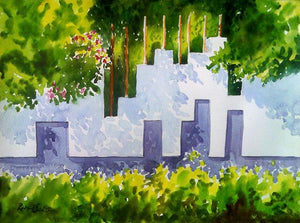 Silence (Verdant Vista) by Rahul Salve, Original Watercolor Cityscape Painting on Paper, Small Horizontal Wall Art