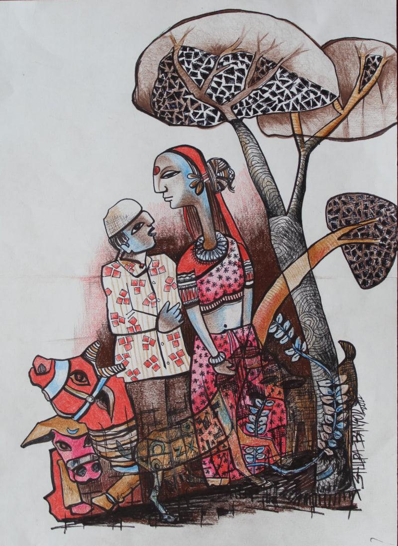 Figurative mixed media painting titled 'Silence', 15x10 inches, by artist Shilpa Bansod on Paper