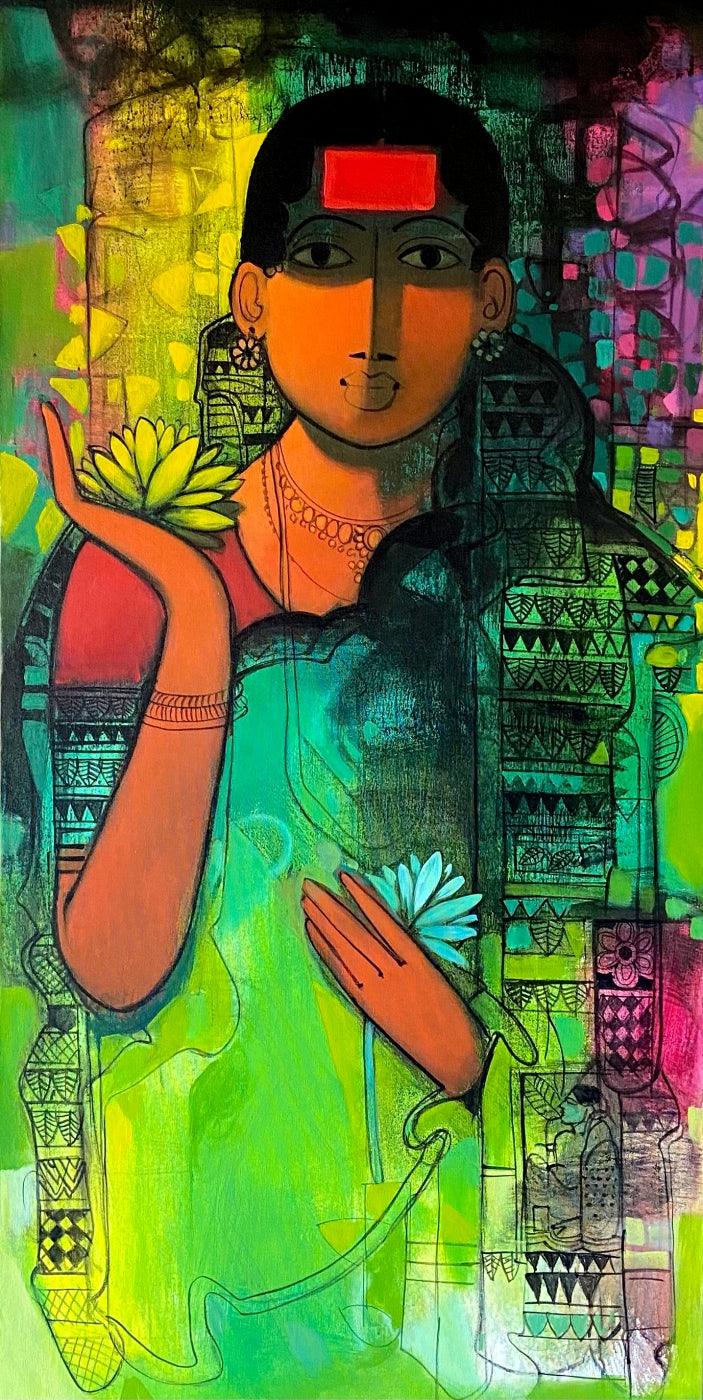 Figurative acrylic painting titled 'Simplicity', 48x24 inches, by artist Sachin Sagare on Canvas