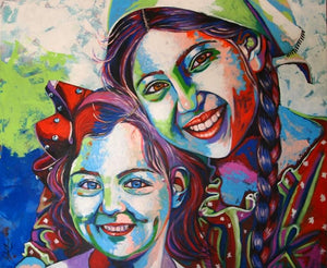 Portrait acrylic painting titled 'Sisters', 40x48 inches, by artist Mahesh Kummar on Canvas