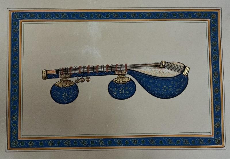 Still-life miniature traditional art titled 'Sitar', 12x8 inches, by artist Pichwai Art on Paper