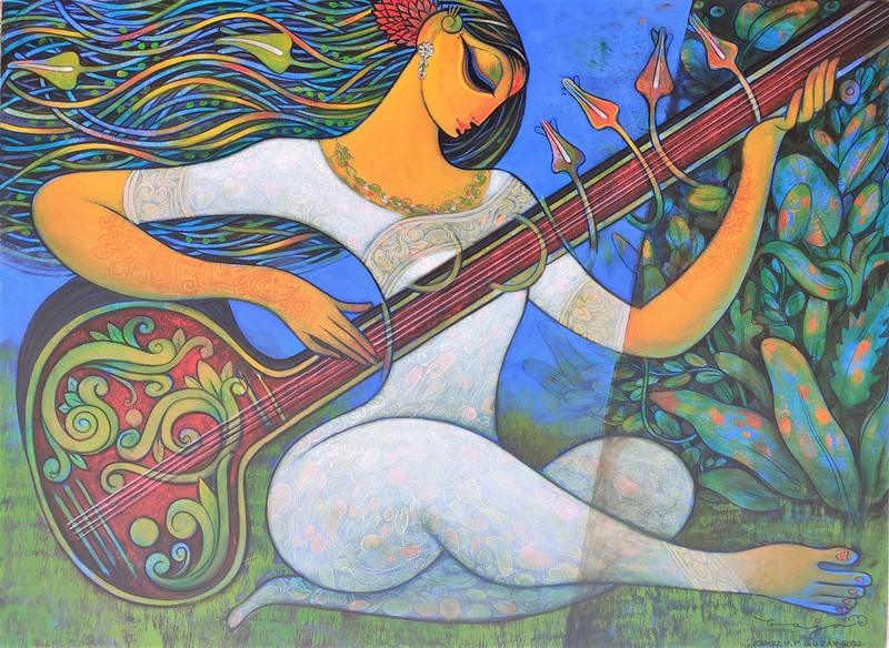 Figurative acrylic painting titled 'Sitar Vadan 2', 36x48 inches, by artist Ramesh Gujar on Canvas