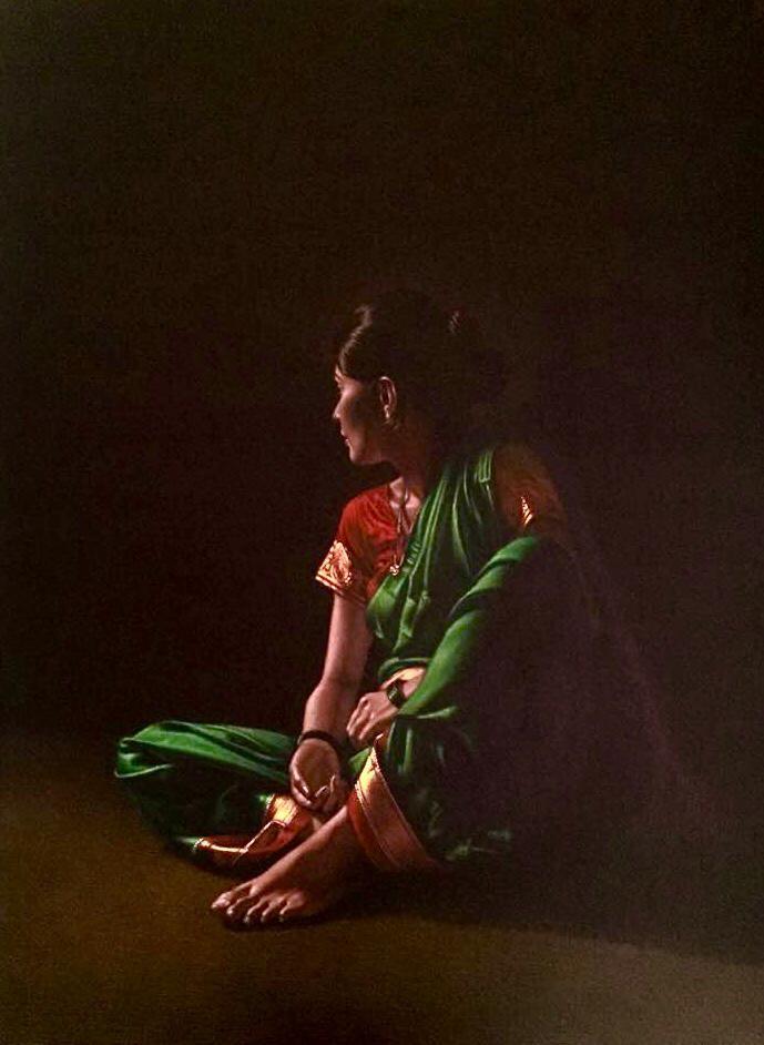 Realistic color pencil drawing titled 'Sitting Lady 1', 40x30 inches, by artist Shashikant Dhotre on Paper