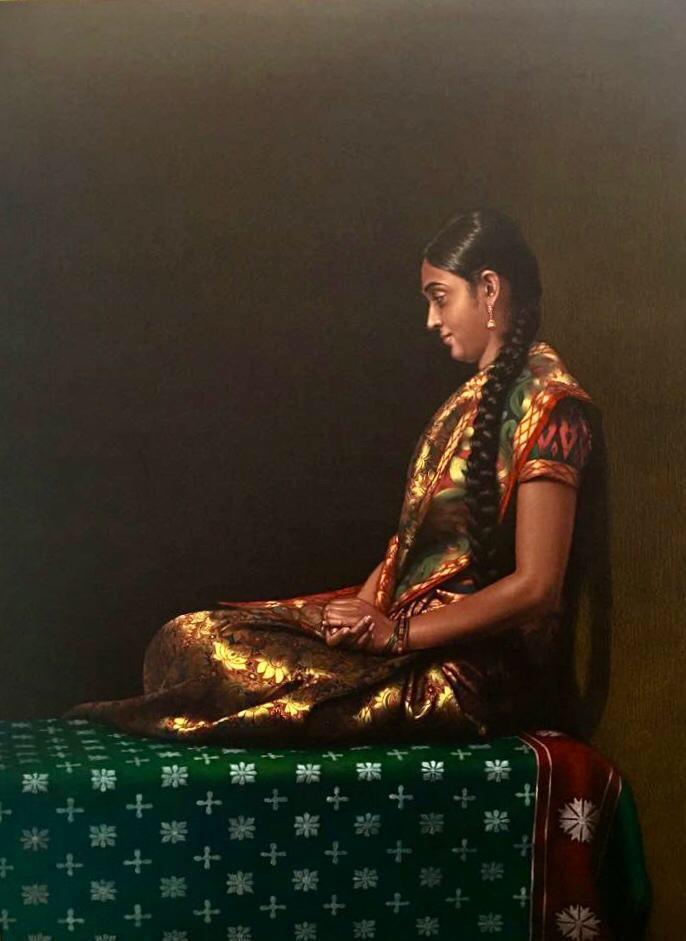 Realistic color pencil drawing titled 'Sitting Lady 2', 40x30 inches, by artist Shashikant Dhotre on Paper