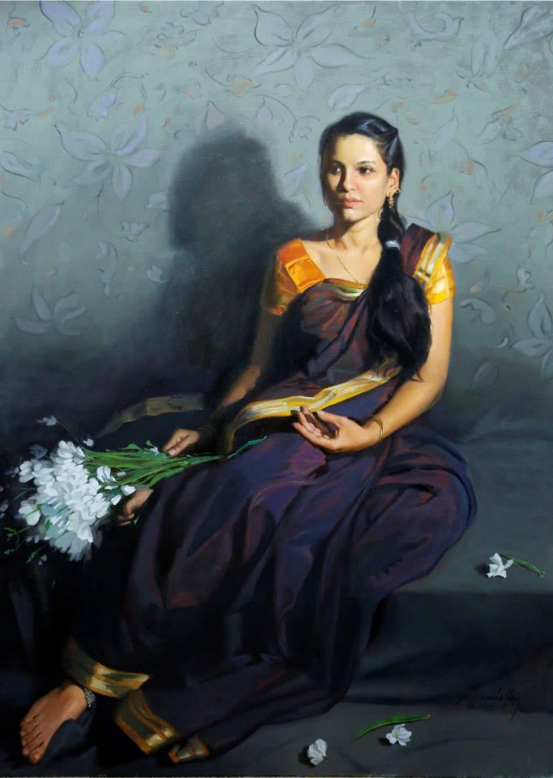 Figurative oil painting titled 'Sitting Lady 2', 40x30 inches, by artist Mahesh Soundatte on Canvas