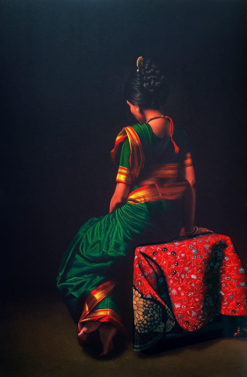 Realistic color pencil drawing titled 'Sitting Lady 3', 60x40 inches, by artist Shashikant Dhotre on Paper