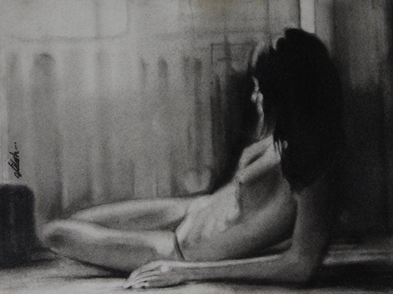Nude charcoal drawing titled 'Sleeping Nude', 9x11 inches, by artist NILESH GAVALE on Paper