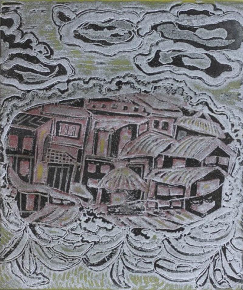 Landscape printmaking titled 'Space 1', 12x11 inches, by artist Jayeeta Chatterjee on Paper