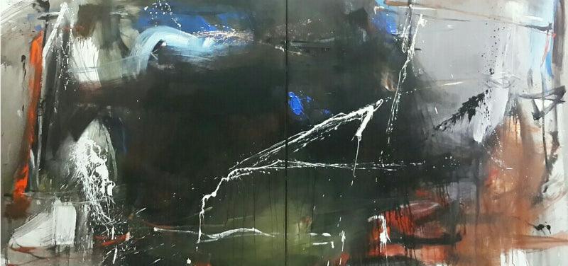 Abstract acrylic painting titled 'Space 25', 48x96 inches, by artist Gulrez Ali on Canvas