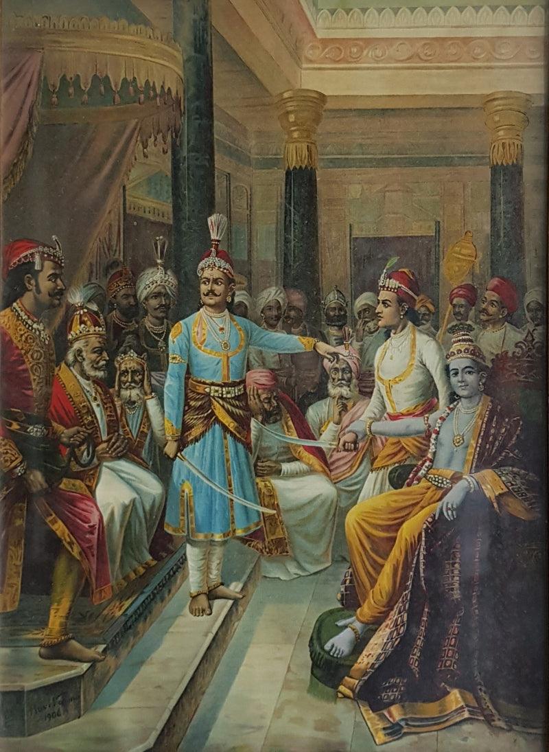 Religious oleograph painting titled 'Sri Krishna As Envoy', 21x15 inches, by artist Raja Ravi Varma on Paper