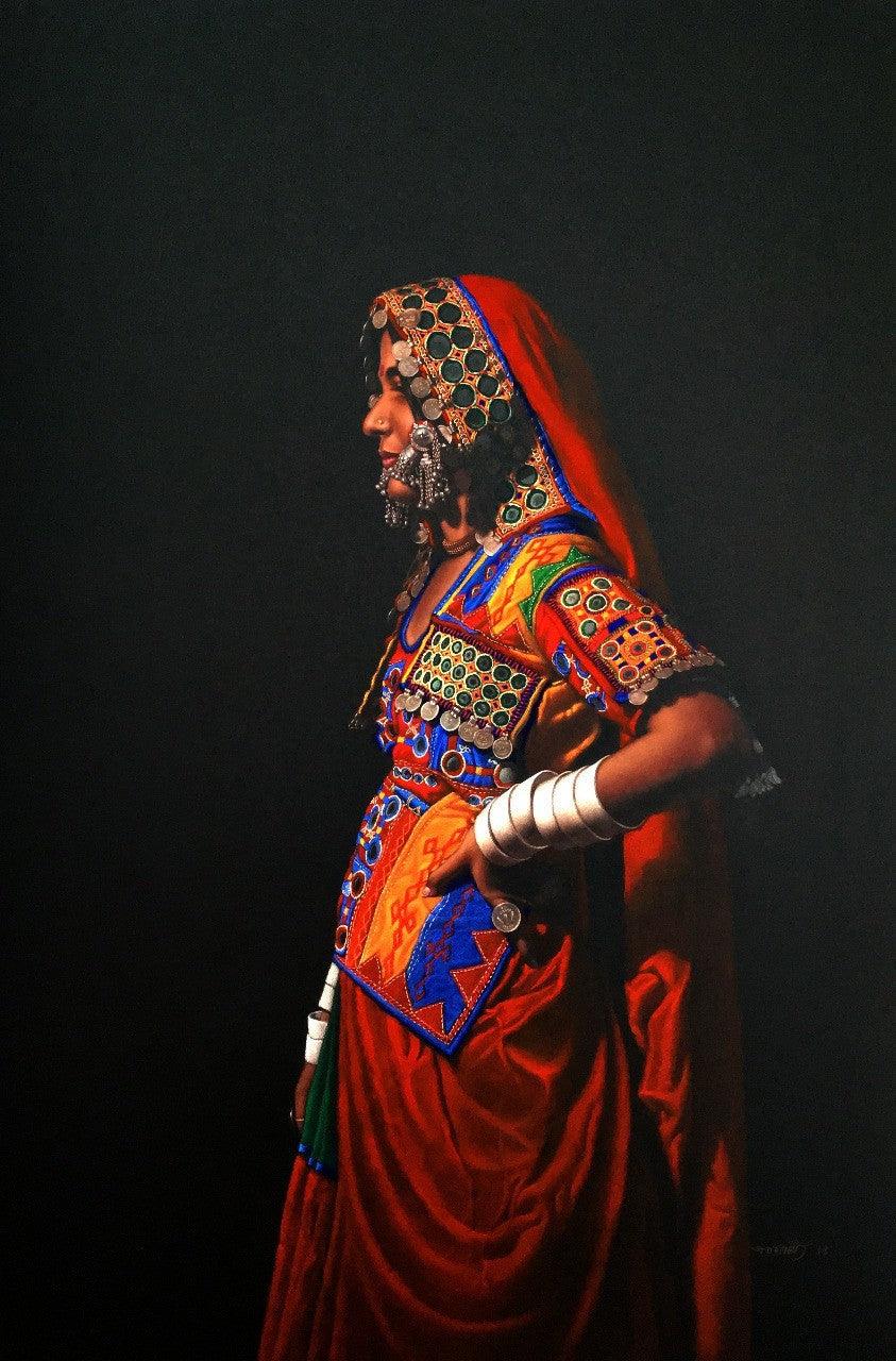 Realistic color pencil drawing titled 'Standing Lady', 60x40 inches, by artist Shashikant Dhotre on Paper