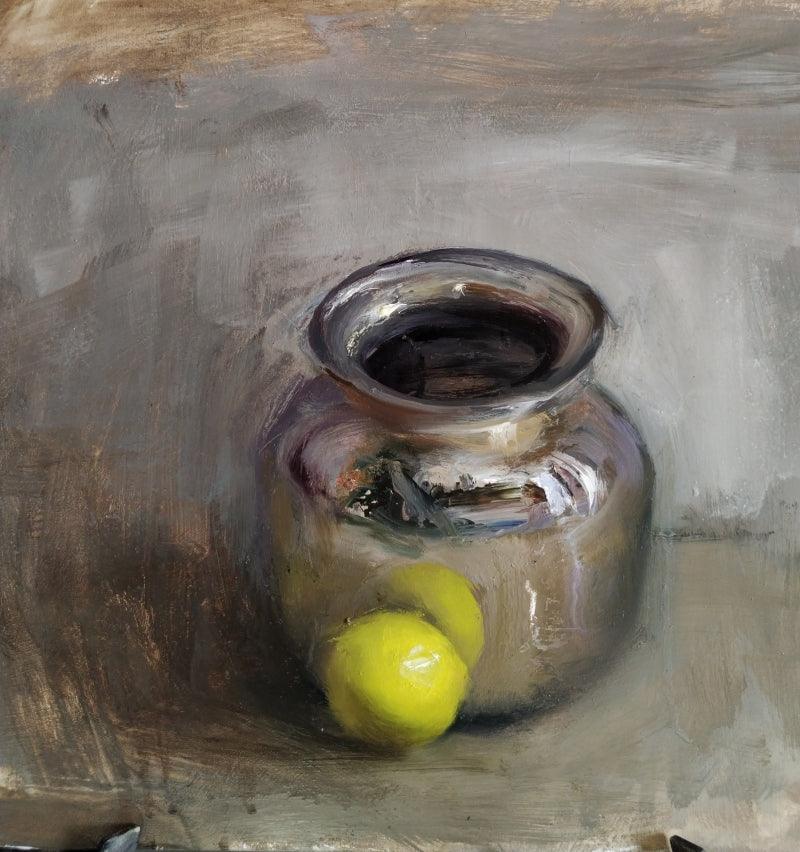 Still-life oil painting titled 'Still Life', 12x12 inches, by artist SURABHI GULWELKAR on Board