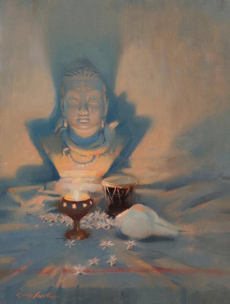 Religious oil painting titled 'Still Life', 17x12 inches, by artist Vijay Jadhav on Canvas