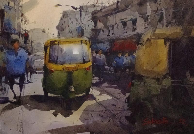 Cityscape watercolor painting titled 'Street', 15x22 inches, by artist Subrata Malakar on Paper