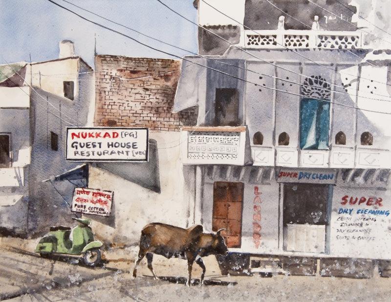Cityscape watercolor painting titled 'Streets of Udaipur', 16x12 inches, by artist Mrutyunjaya Dash on Paper