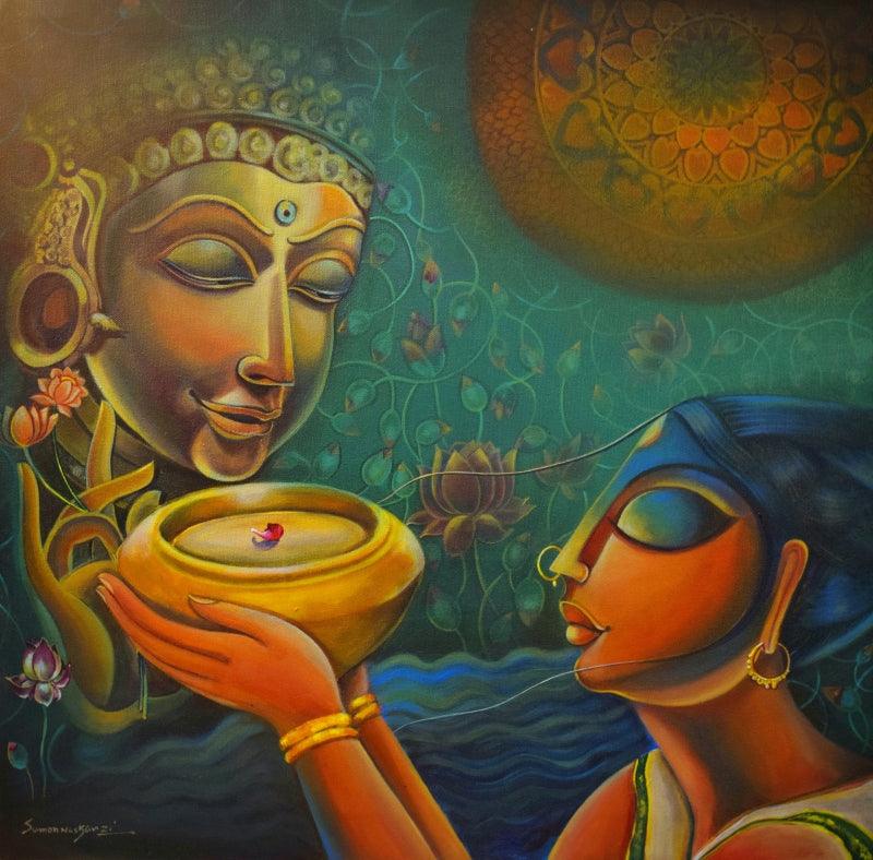 Religious acrylic painting titled 'Sujata', 24x24 inches, by artist Sumon Naskar on Canvas