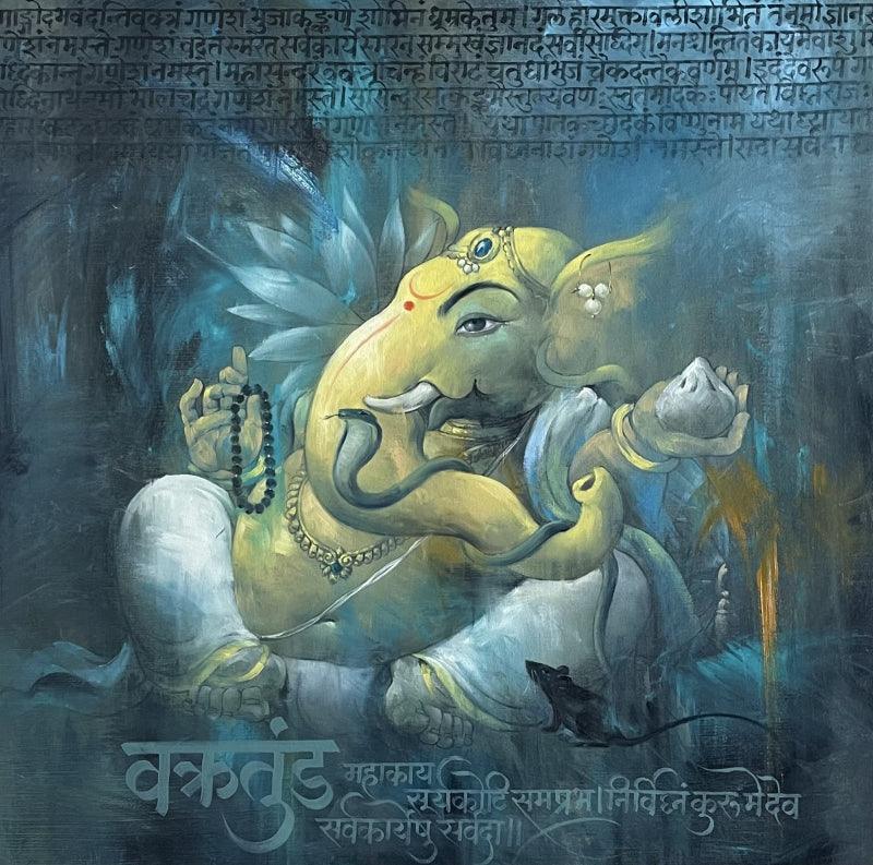 Religious oil painting titled 'Sumukh', 34x34 inches, by artist Namdev M Patil on Canvas