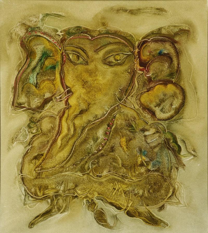 Religious oil painting titled 'Sumukha', 34x30 inches, by artist S G Vasudev on Canvas