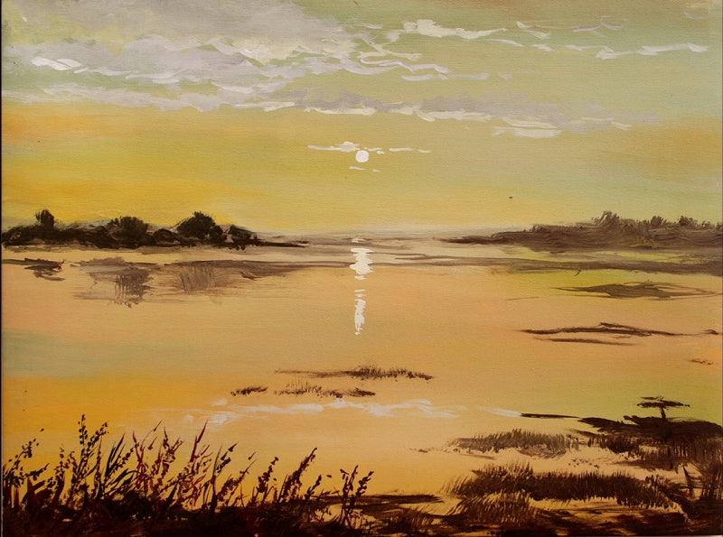 Seascape acrylic painting titled 'Sunrise', 18x24 inches, by artist Chandrashekhar P Aher on Canvas