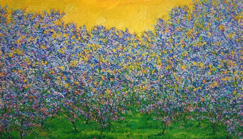 Nature oil painting titled 'Sunrise', 24x42 inches, by artist Pardeep Singh on Canvas