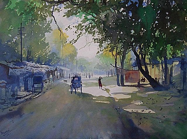 Cityscape watercolor painting titled 'Sunshine', 11x16 inches, by artist Bijay Biswaal on Paper