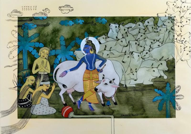 Religious watercolor painting titled 'Surabhi', 22x30 inches, by artist Yojana Dehankar on Paper