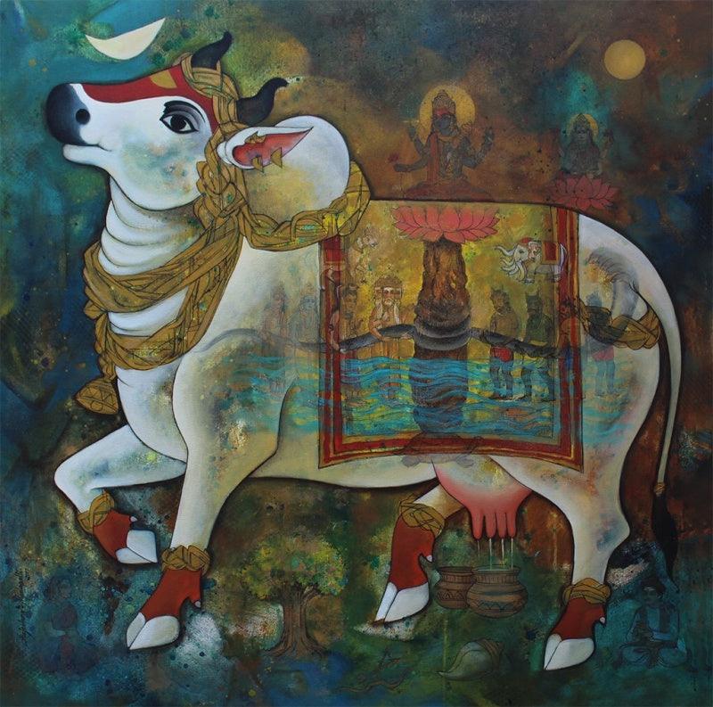 Religious acrylic painting titled 'Surabhi', 36x36 inches, by artist N P Rajeshwarr on Canvas