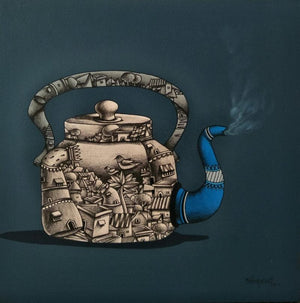 Still-life mixed media painting titled 'Tea Pot', 24x24 inches, by artist Manjunath Wali on Canvas