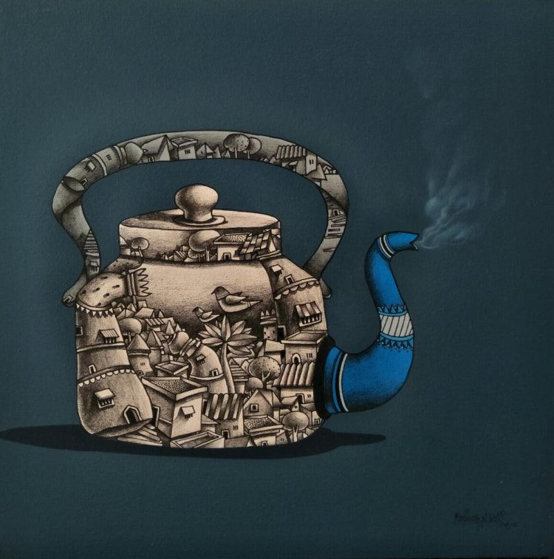 Still-life mixed media painting titled 'Tea Pot', 24x24 inches, by artist Manjunath Wali on Canvas