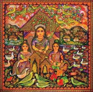 Figurative mixed media painting titled 'Teen Kanya', 36x36 inches, by artist Jayasri Burman on Paper