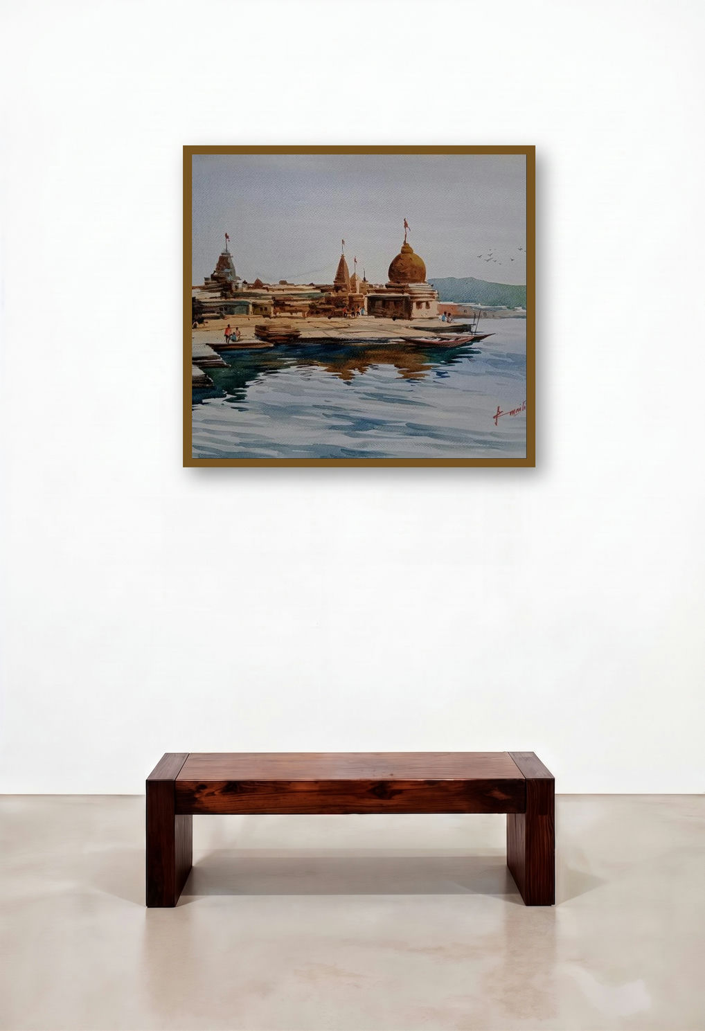 Temple (Serene Riverfront Devotion) by artist Prasanta Maiti displayed in a Scandinavian Family Room